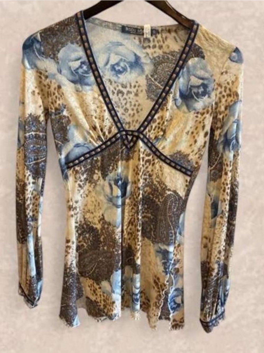 Vintage Y2K BISOU BISOU
Beige Blue Floral Paisley Long Sleeve Low V Tunic Top XS